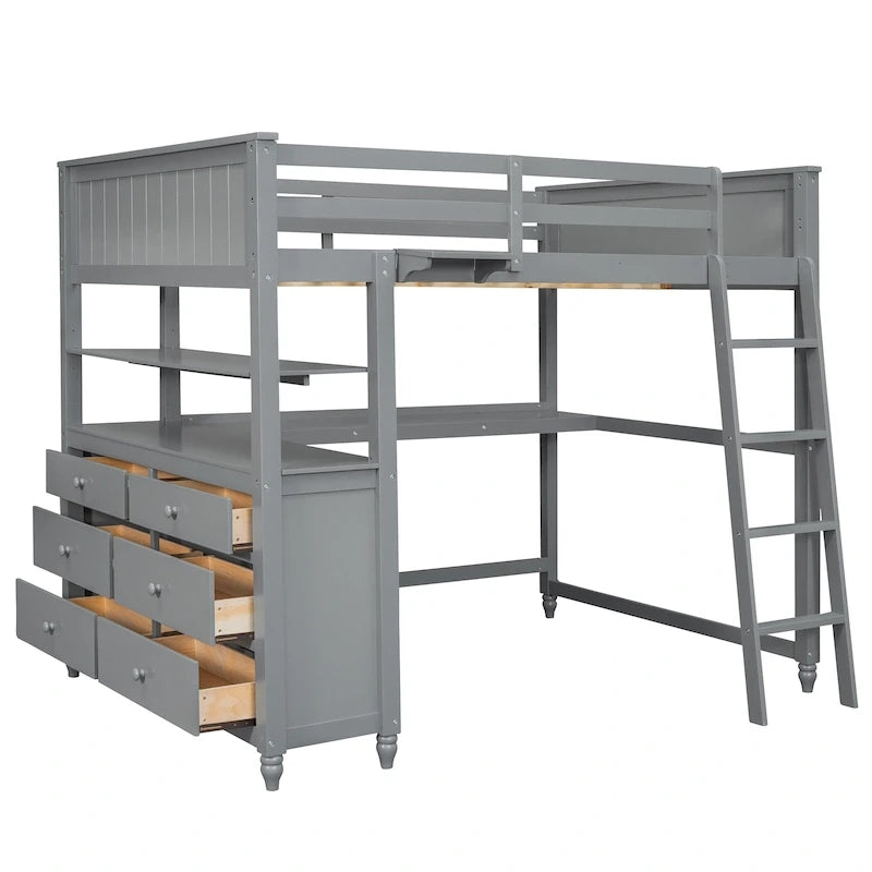 Cama alta gris de tamaño completo con escritorio, cajones y estantes – 1 persona