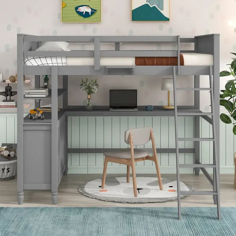 Cama alta gris de tamaño completo con escritorio, cajones y estantes – 1 persona