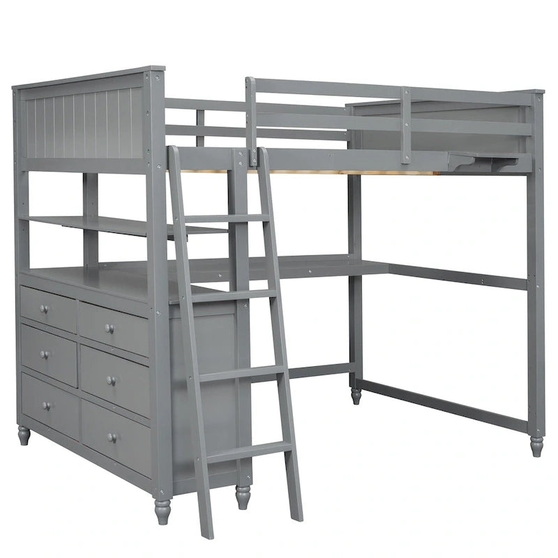 Cama alta gris de tamaño completo con escritorio, cajones y estantes – 1 persona