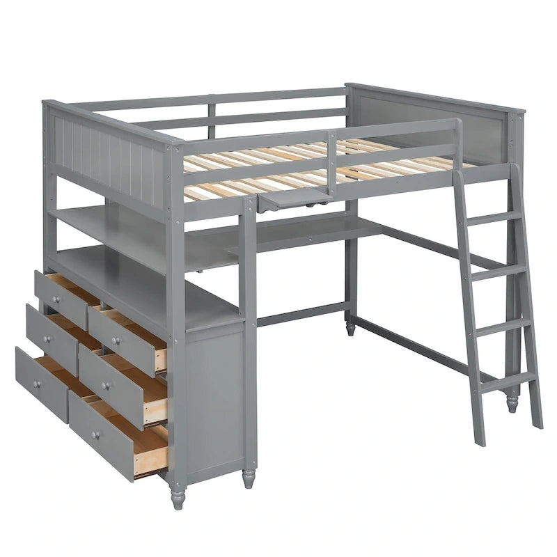 Cama alta gris de tamaño completo con escritorio, cajones y estantes – 1 persona