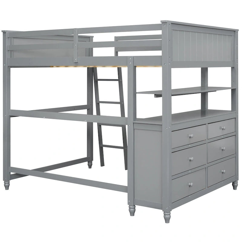Cama alta gris de tamaño completo con escritorio, cajones y estantes – 1 persona