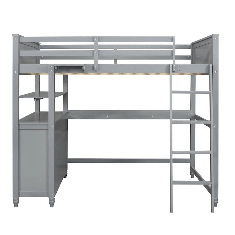 Cama alta gris de tamaño completo con escritorio, cajones y estantes – 1 persona
