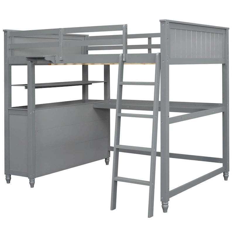 Cama alta gris de tamaño completo con escritorio, cajones y estantes – 1 persona