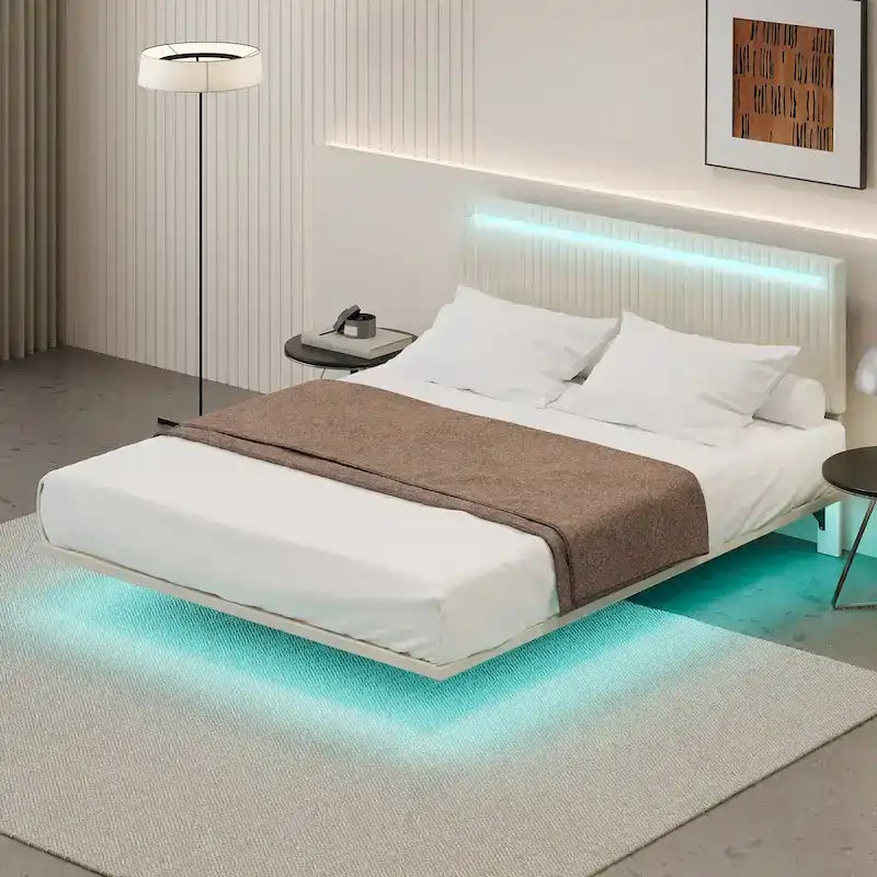Estructura de cama flotante tapizada en terciopelo beige con luces LED, tamaño matrimonial, para 2 personas