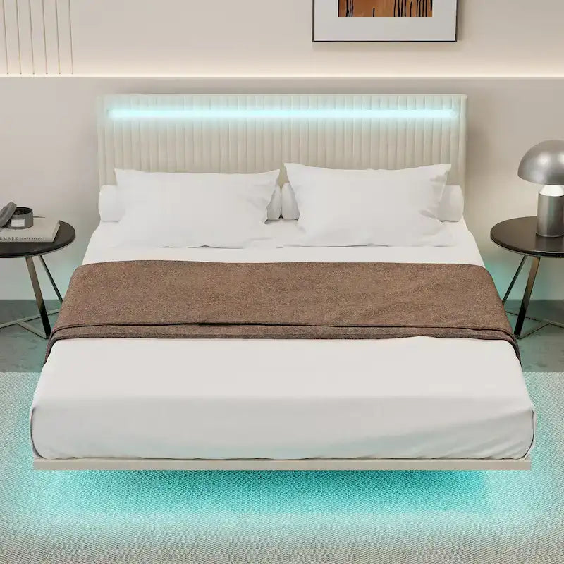 Estructura de cama flotante tapizada en terciopelo beige con luces LED, tamaño matrimonial, para 2 personas