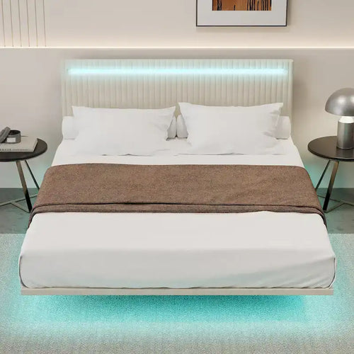 Estructura de cama flotante tapizada en terciopelo beige con luces LED, tamaño matrimonial, para 2 personas