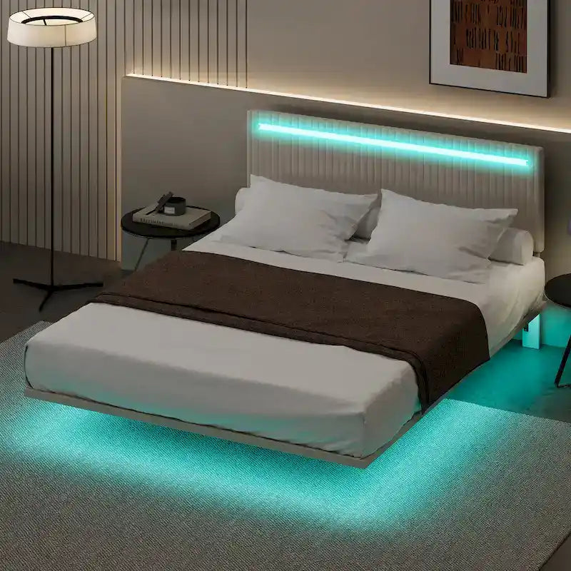 Estructura de cama flotante tapizada en terciopelo beige con luces LED, tamaño matrimonial, para 2 personas