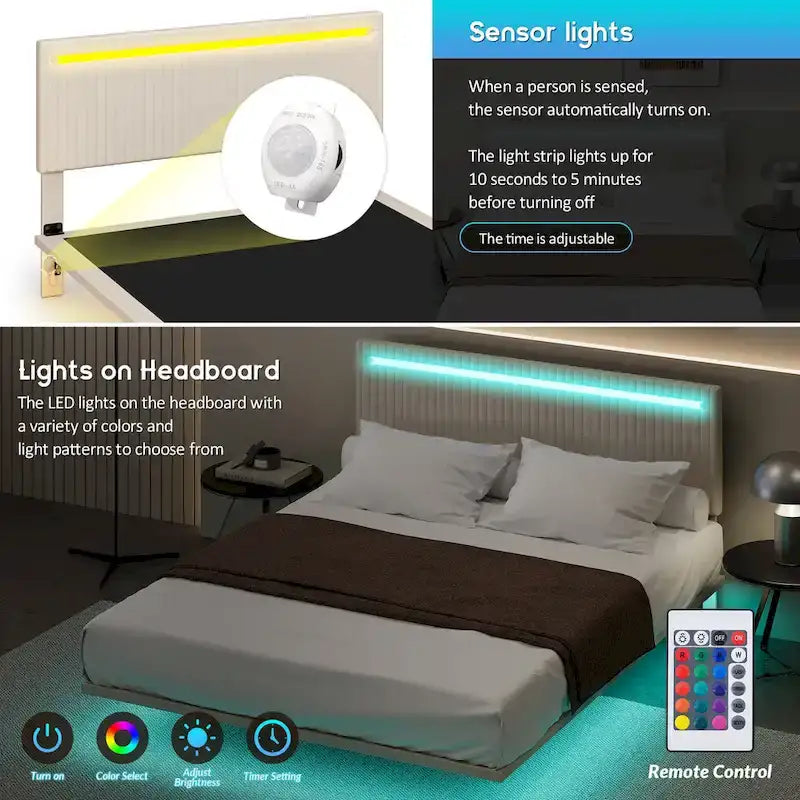 Estructura de cama flotante tapizada en terciopelo beige con luces LED, tamaño matrimonial, para 2 personas