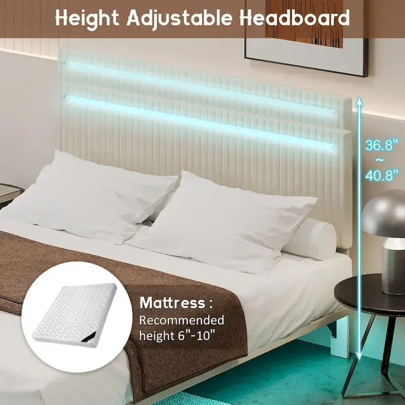 Estructura de cama flotante tapizada en terciopelo beige con luces LED, tamaño matrimonial, para 2 personas