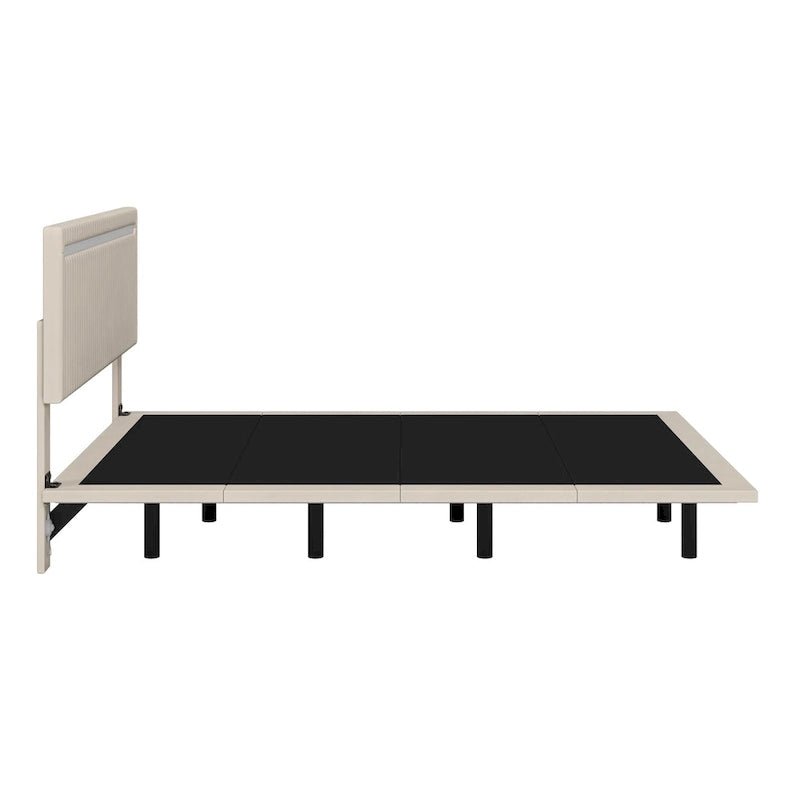 Estructura de cama flotante tapizada en terciopelo beige con luces LED, tamaño matrimonial, para 2 personas