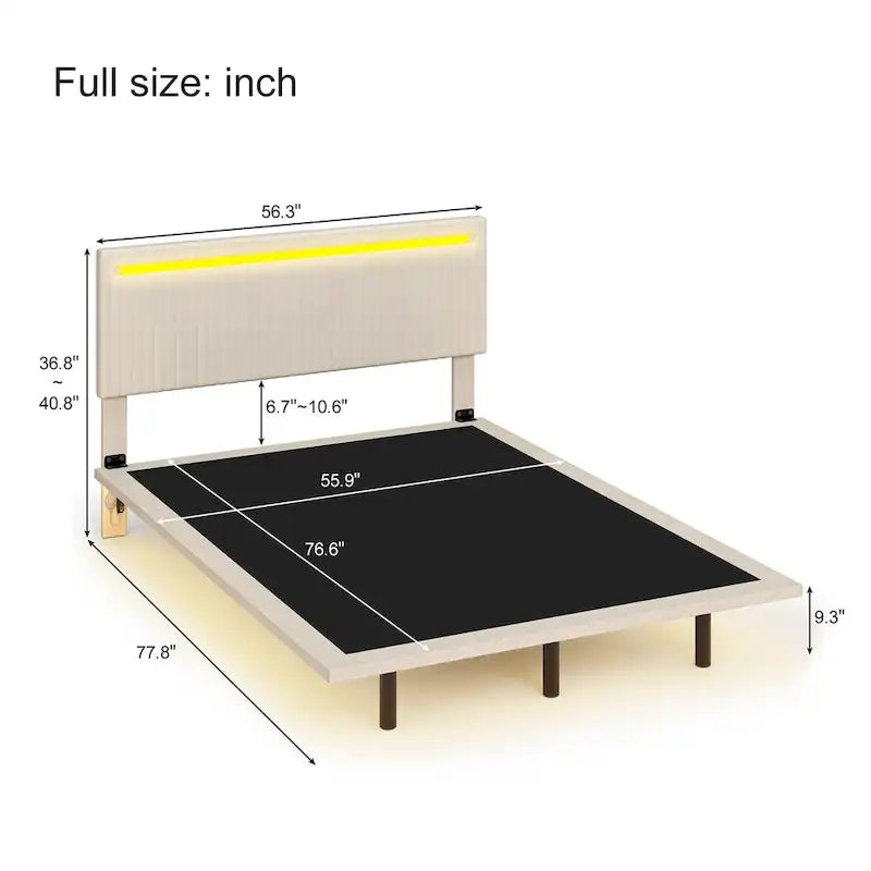Estructura de cama flotante tapizada en terciopelo beige con luces LED, tamaño matrimonial, para 2 personas