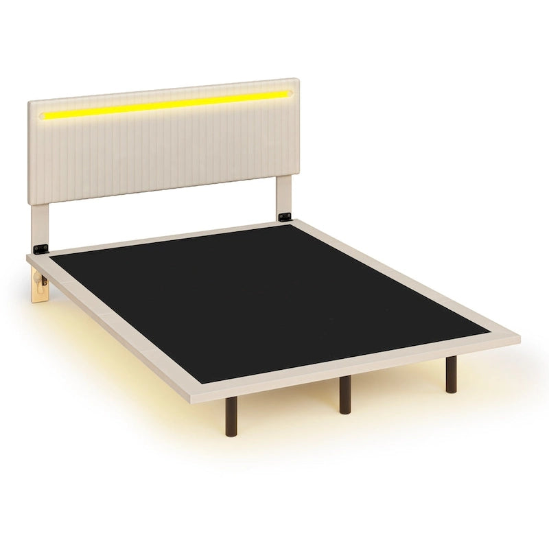 Estructura de cama flotante tapizada en terciopelo beige con luces LED, tamaño matrimonial, para 2 personas