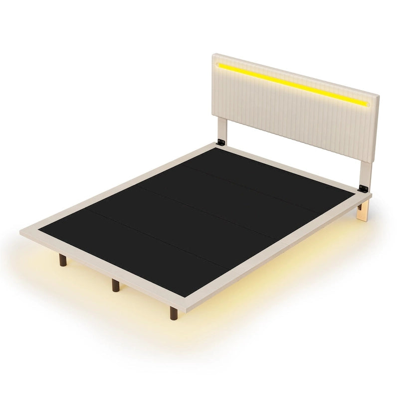 Estructura de cama flotante tapizada en terciopelo beige con luces LED, tamaño matrimonial, para 2 personas