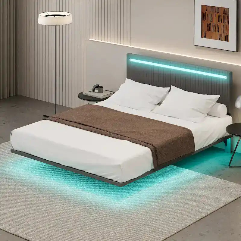 Estructura de cama flotante tapizada en terciopelo beige con luces LED, tamaño matrimonial, para 2 personas