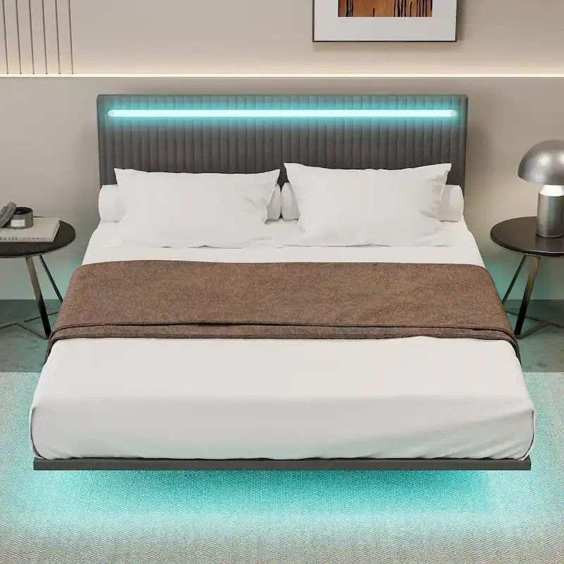 Estructura de cama flotante tapizada en terciopelo beige con luces LED, tamaño matrimonial, para 2 personas
