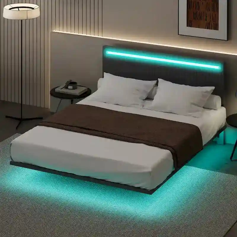 Estructura de cama flotante tapizada en terciopelo beige con luces LED, tamaño matrimonial, para 2 personas