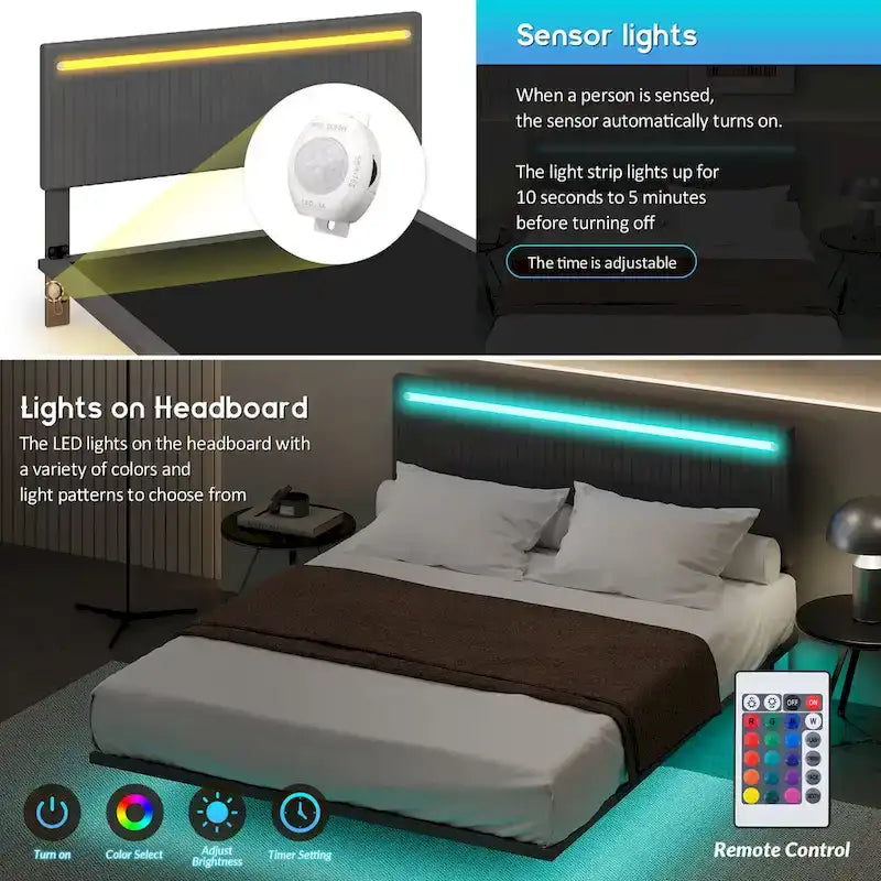 Estructura de cama flotante tapizada en terciopelo beige con luces LED, tamaño matrimonial, para 2 personas