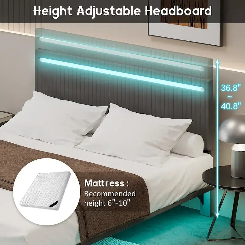 Estructura de cama flotante tapizada en terciopelo beige con luces LED, tamaño matrimonial, para 2 personas