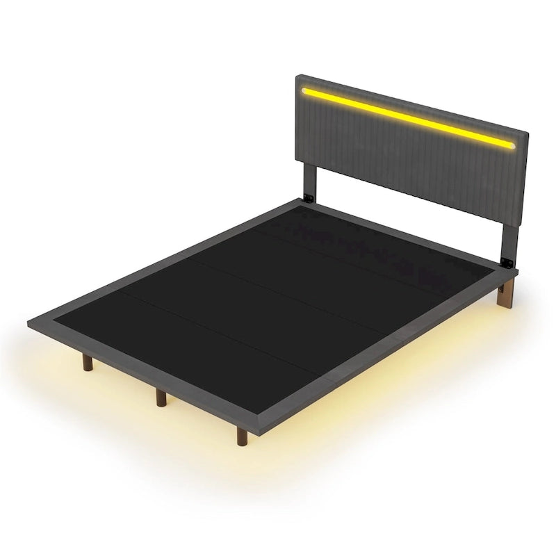 Estructura de cama flotante tapizada en terciopelo beige con luces LED, tamaño matrimonial, para 2 personas