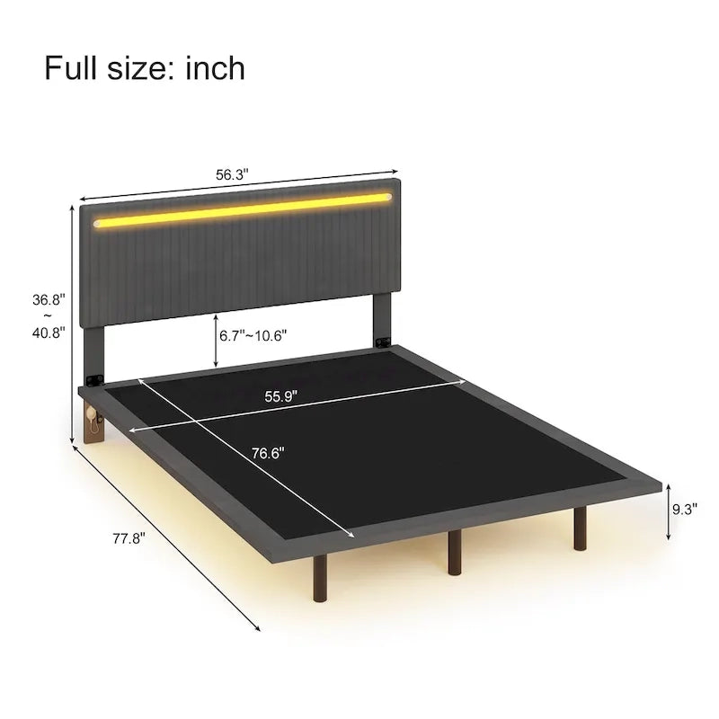Estructura de cama flotante tapizada en terciopelo beige con luces LED, tamaño matrimonial, para 2 personas