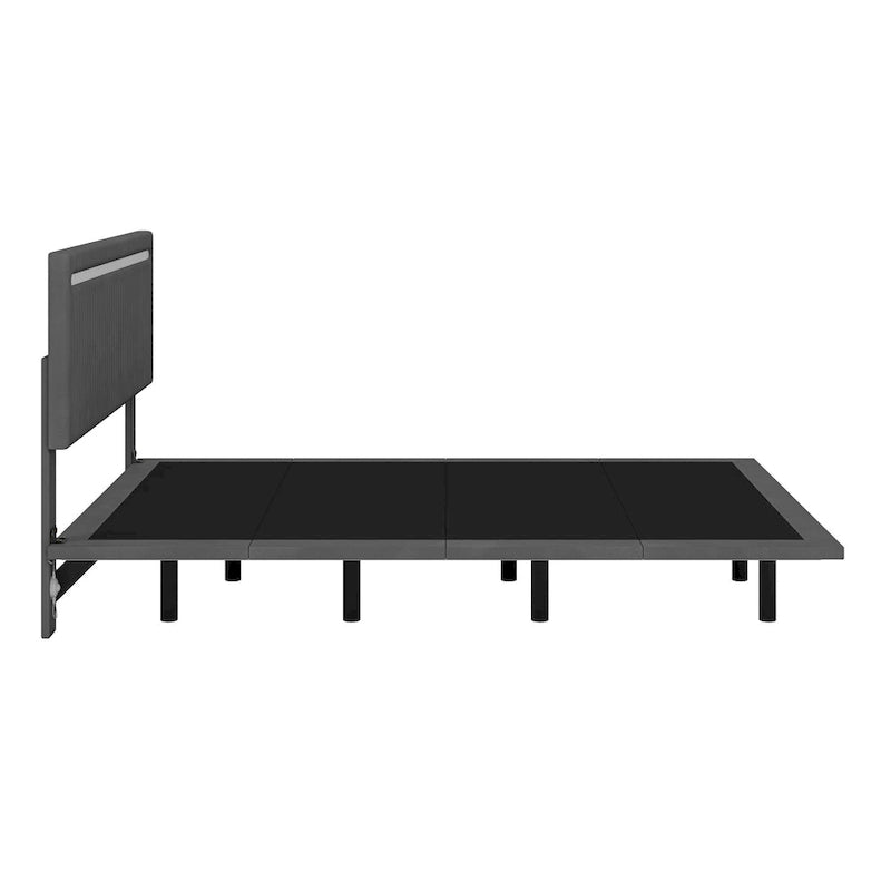 Estructura de cama flotante tapizada en terciopelo beige con luces LED, tamaño matrimonial, para 2 personas