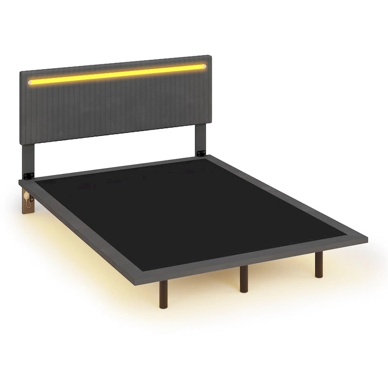 Estructura de cama flotante tapizada en terciopelo beige con luces LED, tamaño matrimonial, para 2 personas