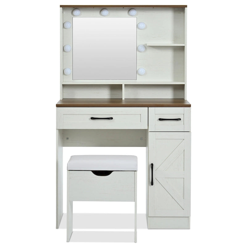 Tocador de granja marrón y blanco con espejo y luces, 1 persona, estilo puerta de granero