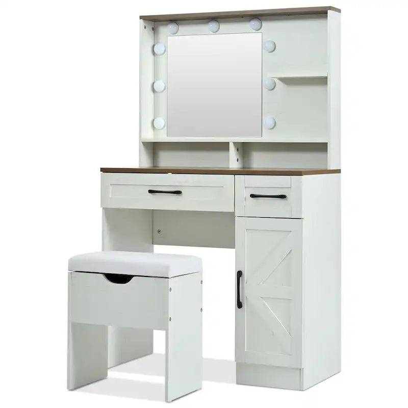 Tocador de granja marrón y blanco con espejo y luces, 1 persona, estilo puerta de granero