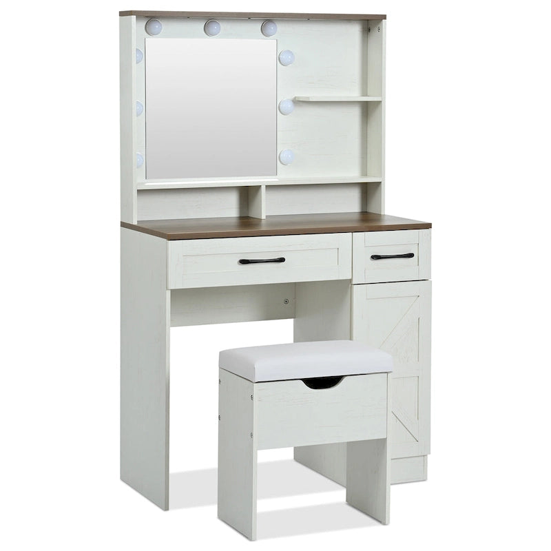 Tocador de granja marrón y blanco con espejo y luces, 1 persona, estilo puerta de granero
