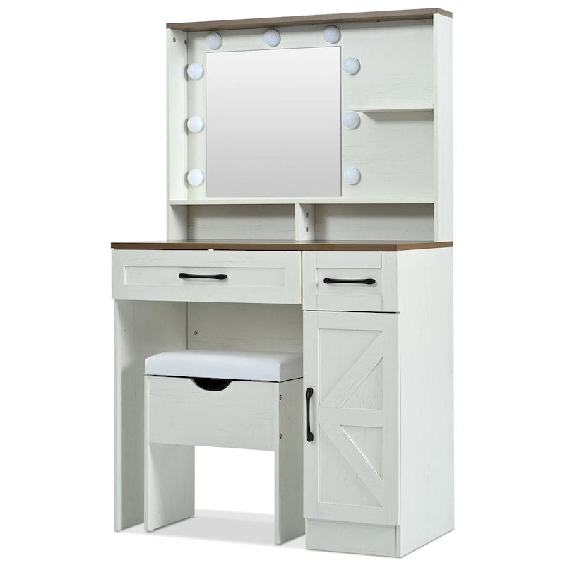 Tocador de granja marrón y blanco con espejo y luces, 1 persona, estilo puerta de granero