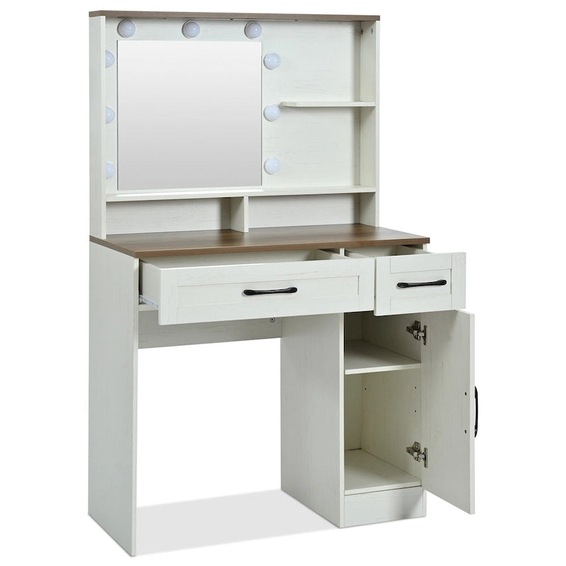Tocador de granja marrón y blanco con espejo y luces, 1 persona, estilo puerta de granero