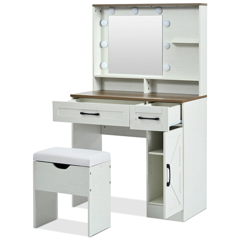 Tocador de granja marrón y blanco con espejo y luces, 1 persona, estilo puerta de granero