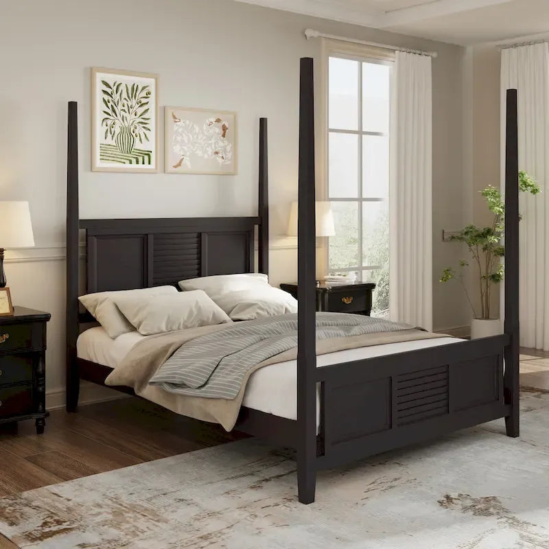 Cama con dosel Queen Blanca / Espresso, 190,5 cm de altura, Capacidad para 1 o 2 personas