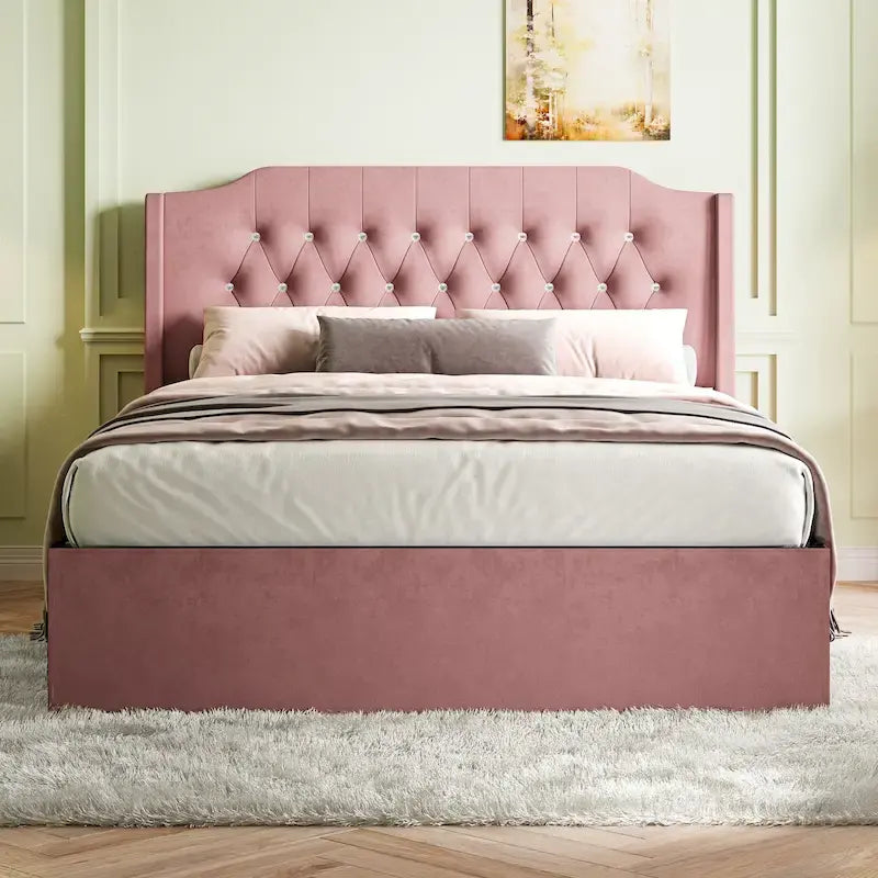 Cama Queen de plataforma con cabecera alada de terciopelo, rosa/negro/beige, 2 personas