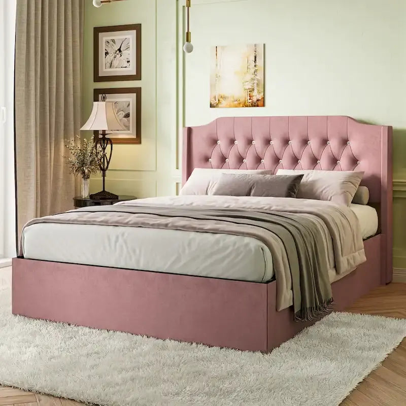 Cama Queen de plataforma con cabecera alada de terciopelo, rosa/negro/beige, 2 personas