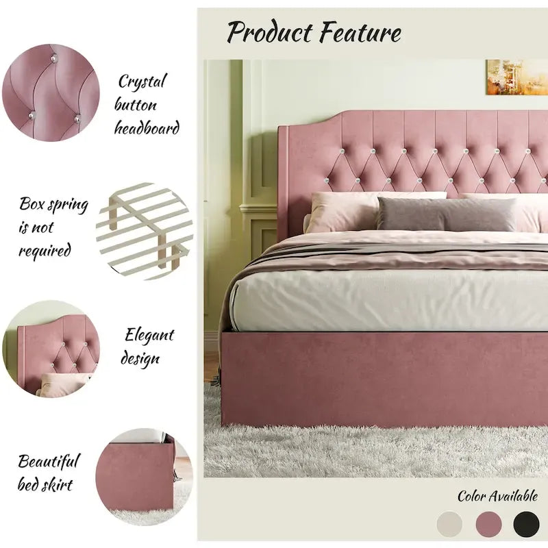 Cama Queen de plataforma con cabecera alada de terciopelo, rosa/negro/beige, 2 personas