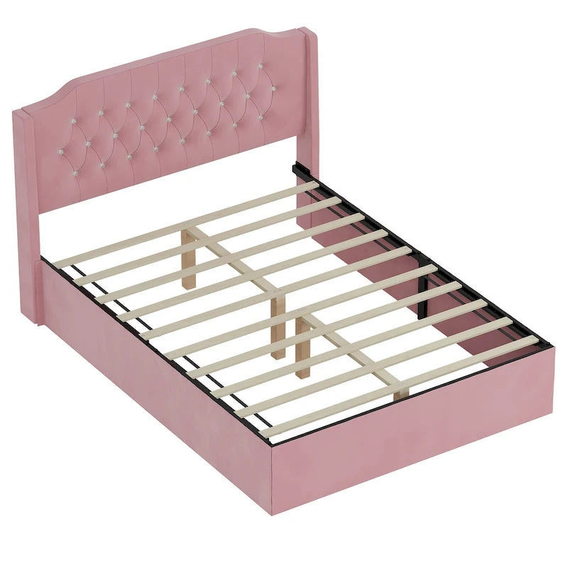 Cama Queen de plataforma con cabecera alada de terciopelo, rosa/negro/beige, 2 personas