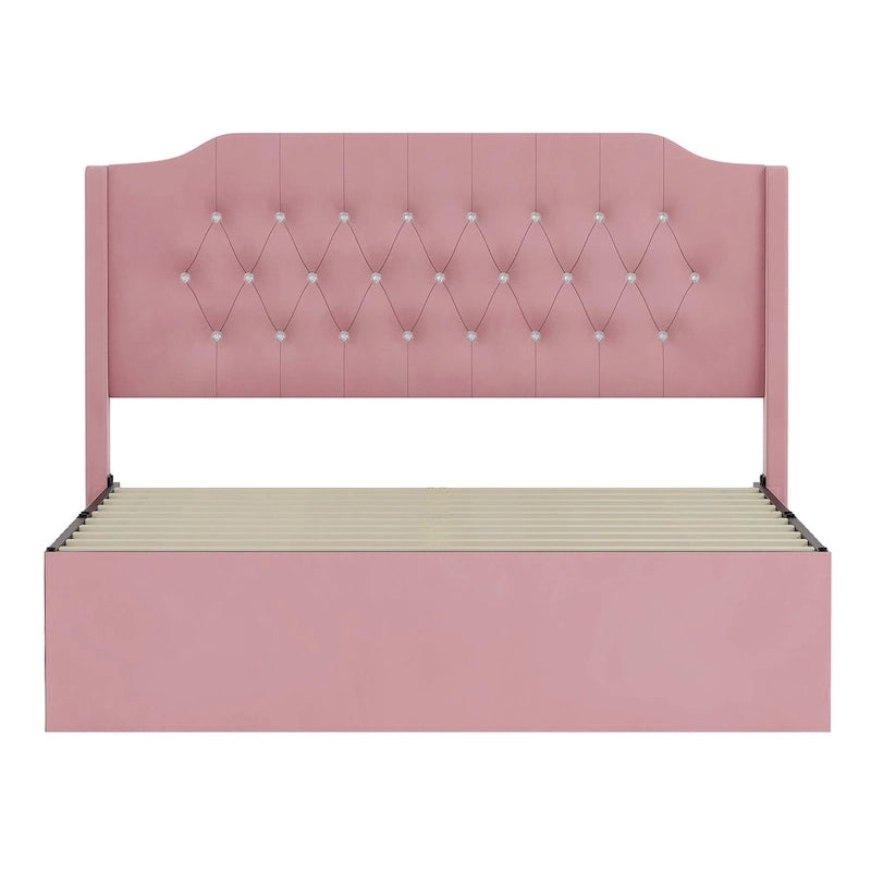 Cama Queen de plataforma con cabecera alada de terciopelo, rosa/negro/beige, 2 personas