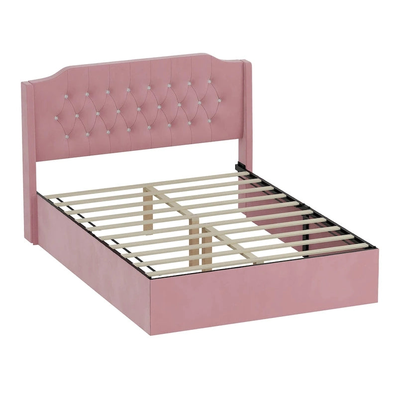Cama Queen de plataforma con cabecera alada de terciopelo, rosa/negro/beige, 2 personas