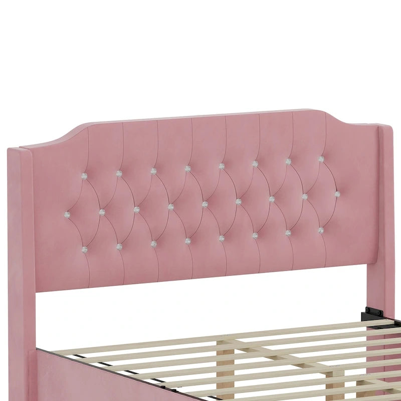 Cama Queen de plataforma con cabecera alada de terciopelo, rosa/negro/beige, 2 personas
