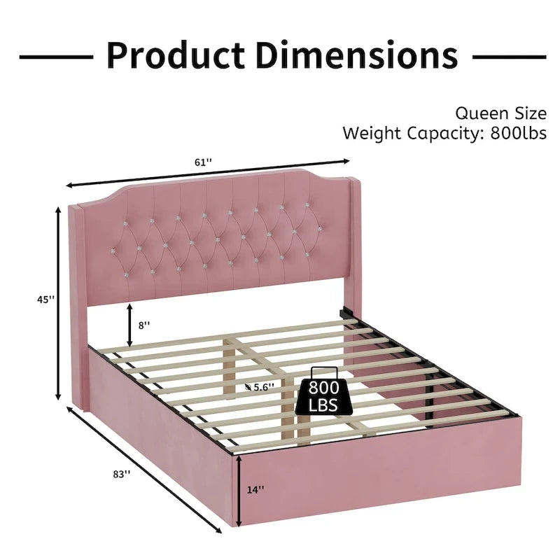 Cama Queen de plataforma con cabecera alada de terciopelo, rosa/negro/beige, 2 personas
