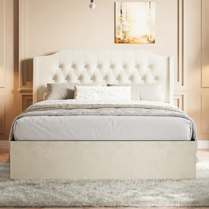 Cama Queen de plataforma con cabecera alada de terciopelo, rosa/negro/beige, 2 personas