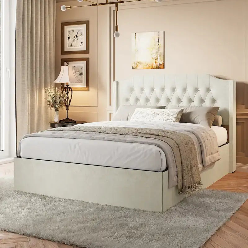 Cama Queen de plataforma con cabecera alada de terciopelo, rosa/negro/beige, 2 personas