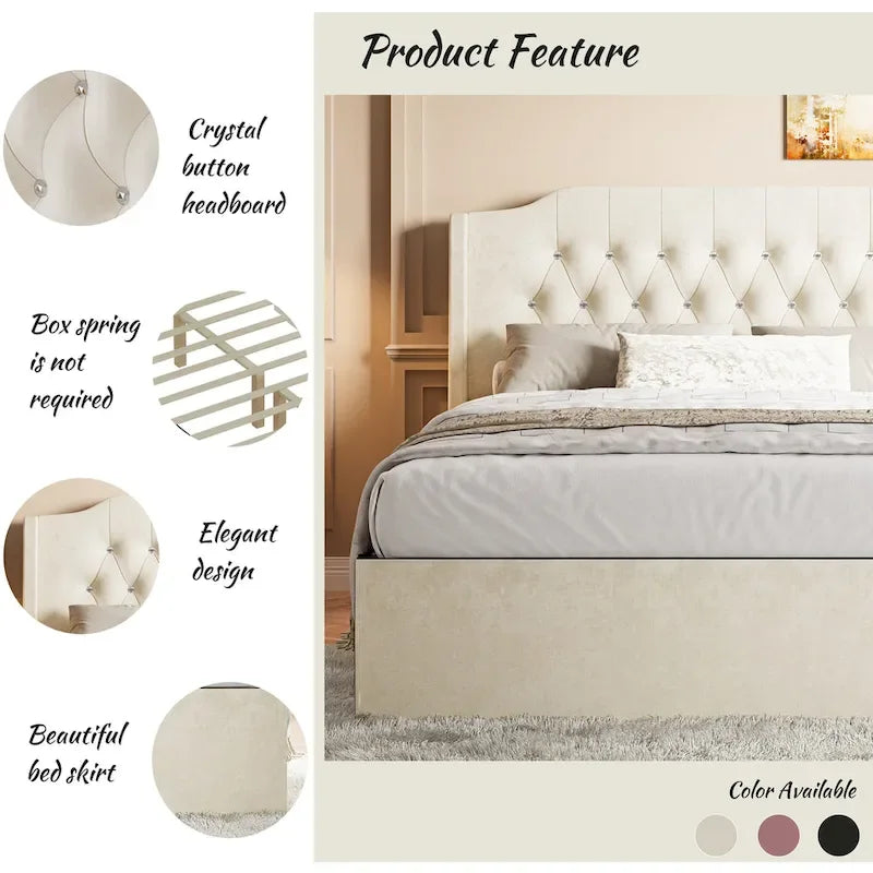 Cama Queen de plataforma con cabecera alada de terciopelo, rosa/negro/beige, 2 personas