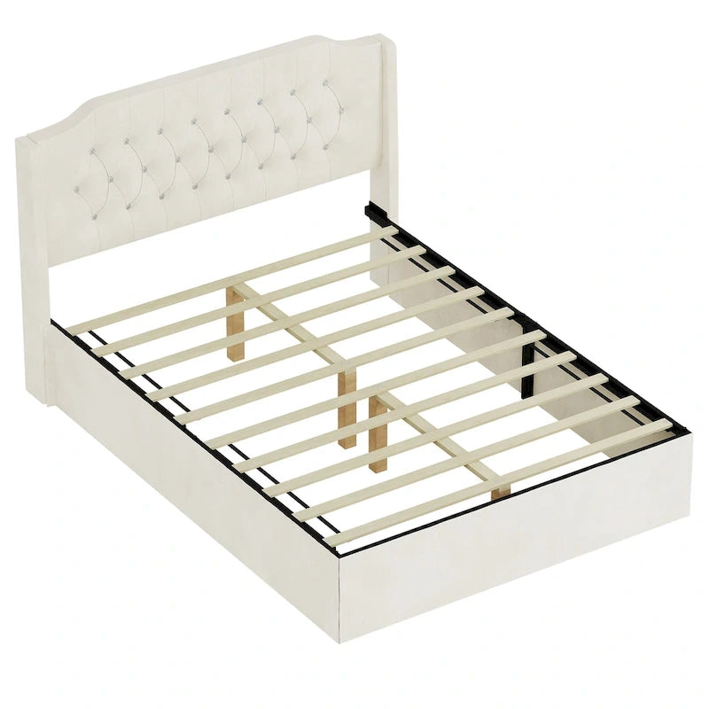 Cama Queen de plataforma con cabecera alada de terciopelo, rosa/negro/beige, 2 personas