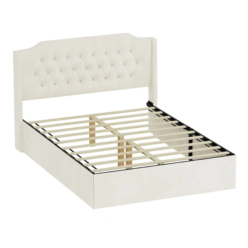 Cama Queen de plataforma con cabecera alada de terciopelo, rosa/negro/beige, 2 personas