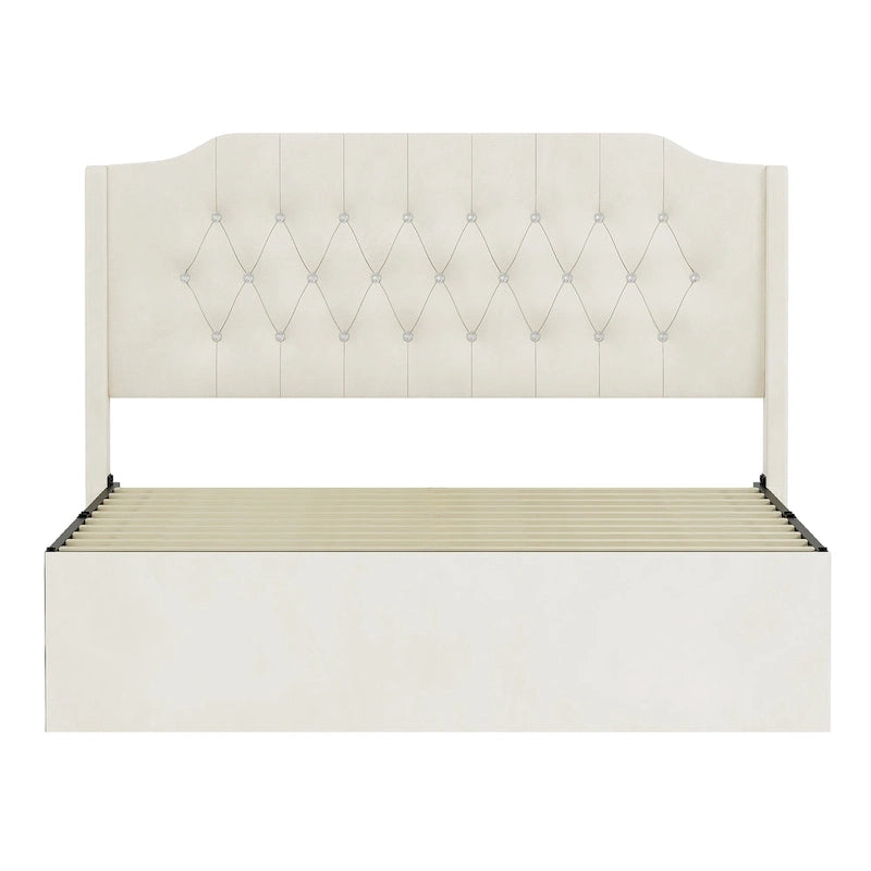 Cama Queen de plataforma con cabecera alada de terciopelo, rosa/negro/beige, 2 personas