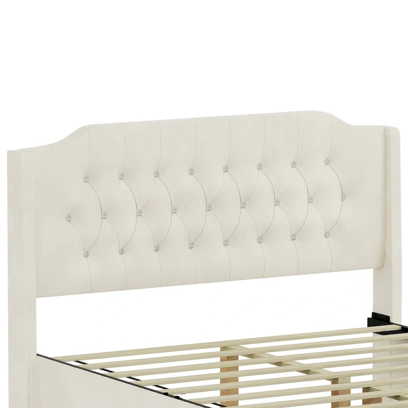 Cama Queen de plataforma con cabecera alada de terciopelo, rosa/negro/beige, 2 personas