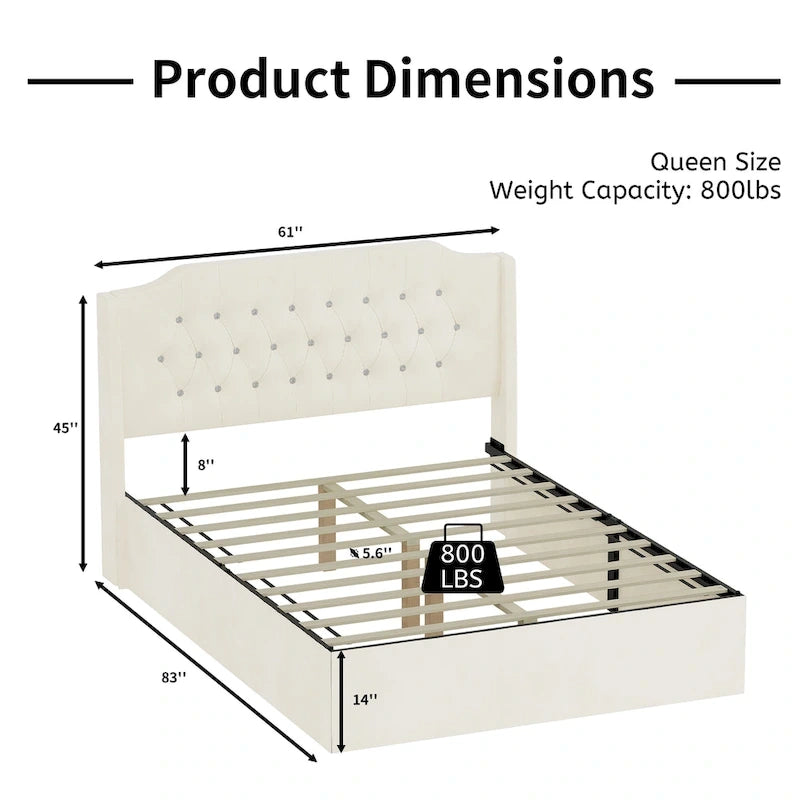 Cama Queen de plataforma con cabecera alada de terciopelo, rosa/negro/beige, 2 personas