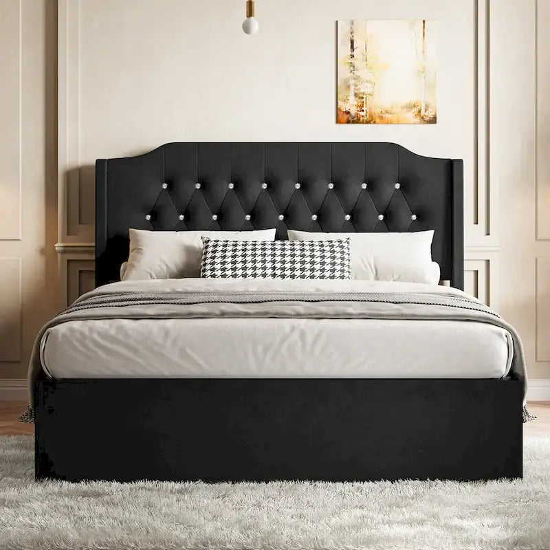 Cama Queen de plataforma con cabecera alada de terciopelo, rosa/negro/beige, 2 personas